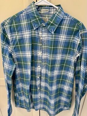J. Crew Blue, Green & White Plaid Button-Down Shirt - Casual Collar